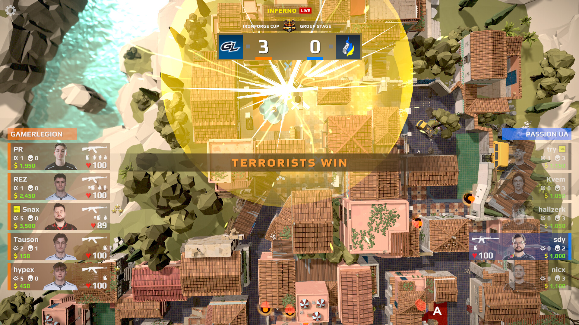The top-down match simulation view