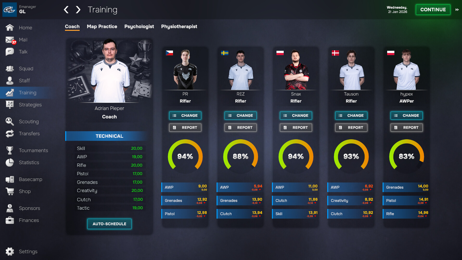 The training screen