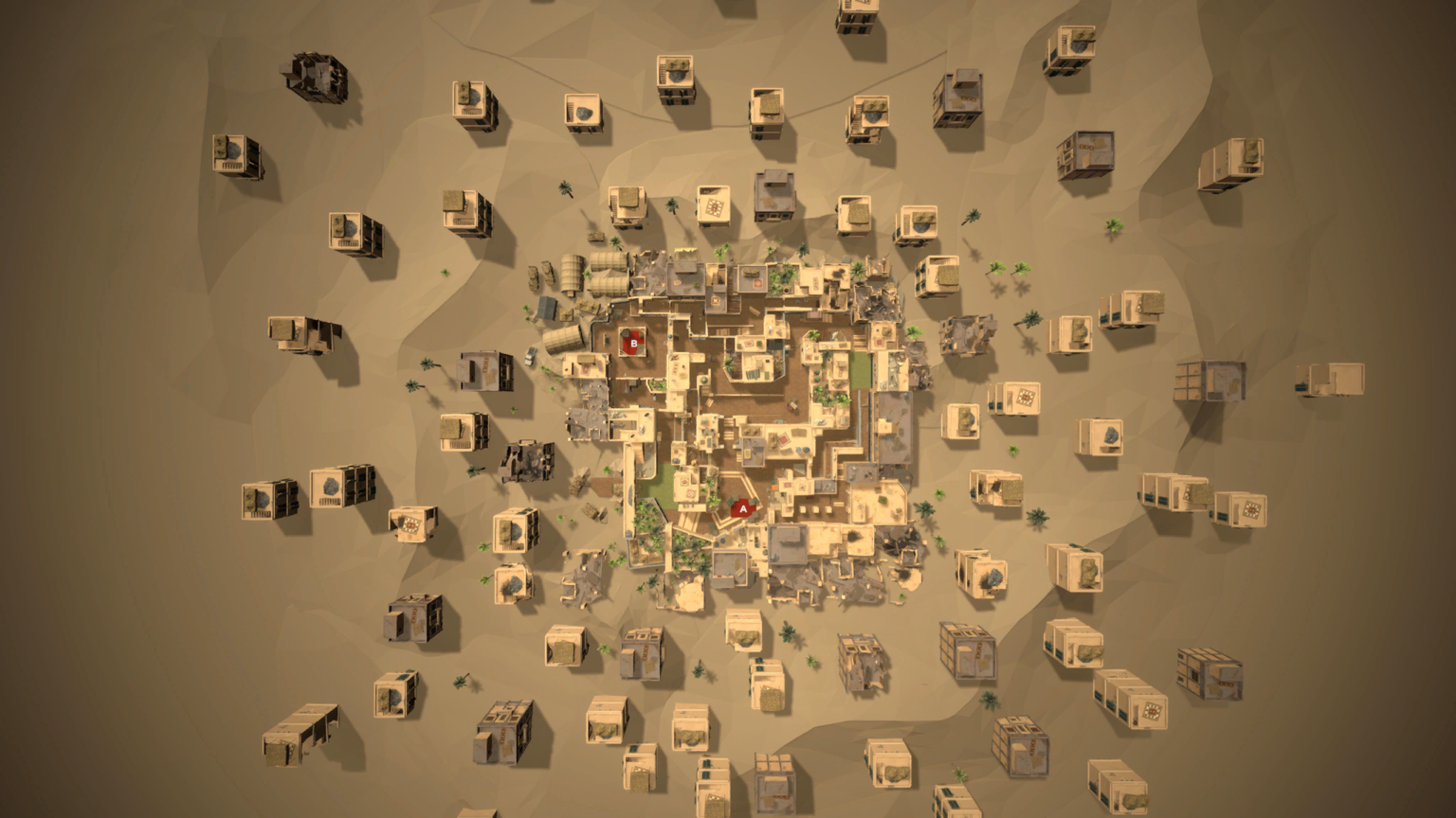 Top-down layout of Mirage with the A and B bombsites marked